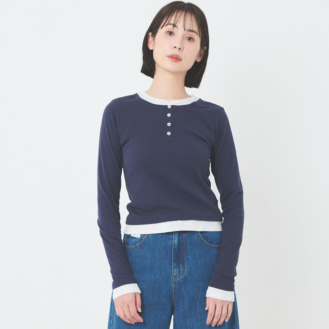 Link Henley Neck Layered Long-Sleeve T-Shirt,Navy, large image number 2