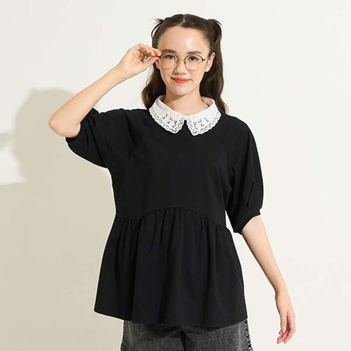 [AMI] Cool Touch Embroidered Collar Peplum Pullover,Black, medium image number 0