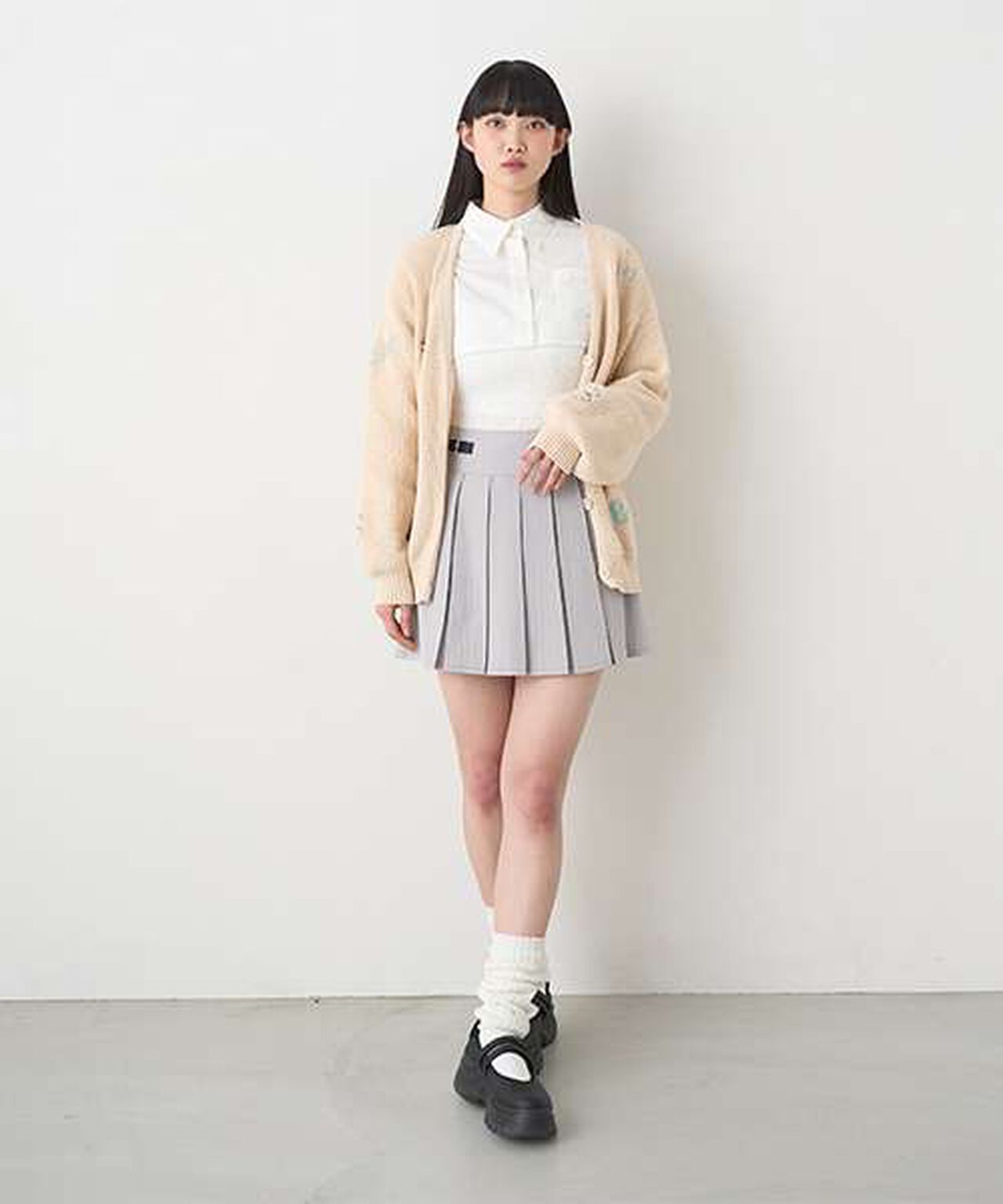 Quilted Belt Pleated Skirt,Light gray, large image number 17