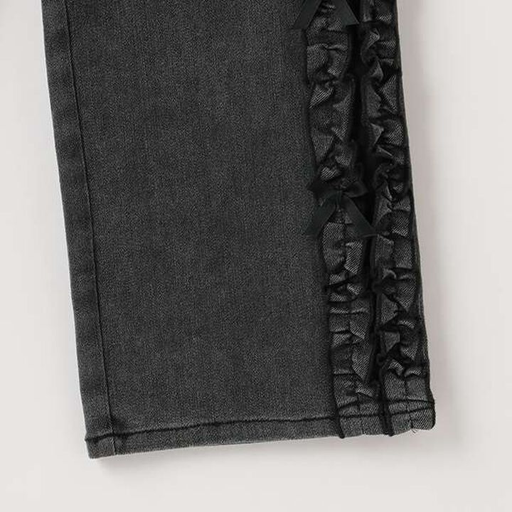 Side Frill Straight Denim Pants,Black, medium image number 7