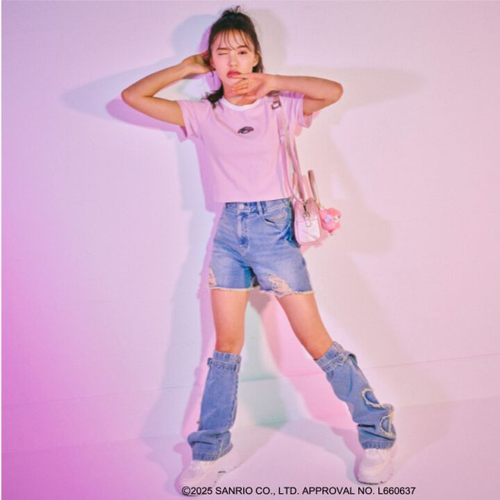 [My Melody & Kuromi] Distressed Shorts,Gray, medium image number 1
