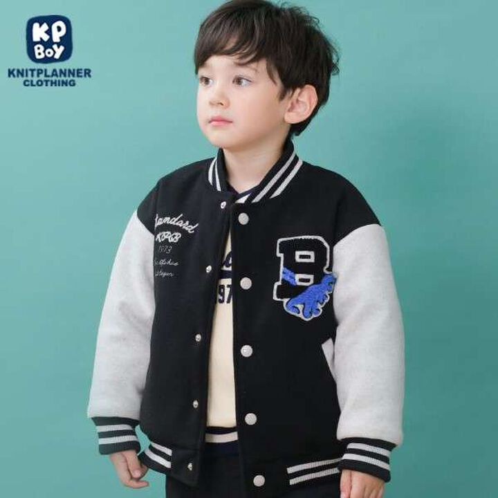 KP Boy Dinosaur Patch Stadium Jacket (90 to 130),Black, medium image number 0