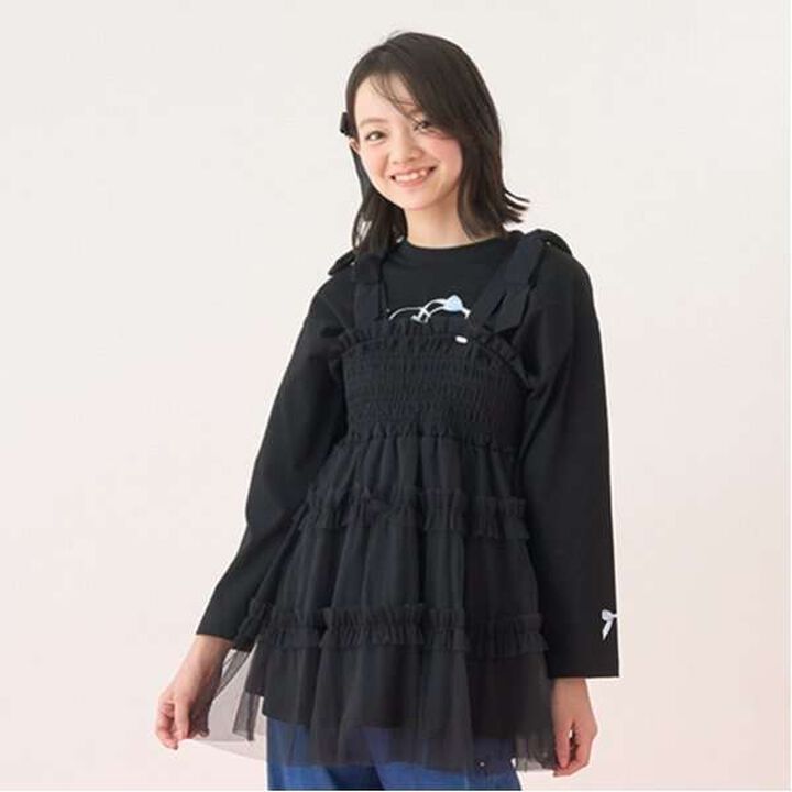 Shoulder Ribbon Fluffy Tulle Tunic,Black, medium image number 4