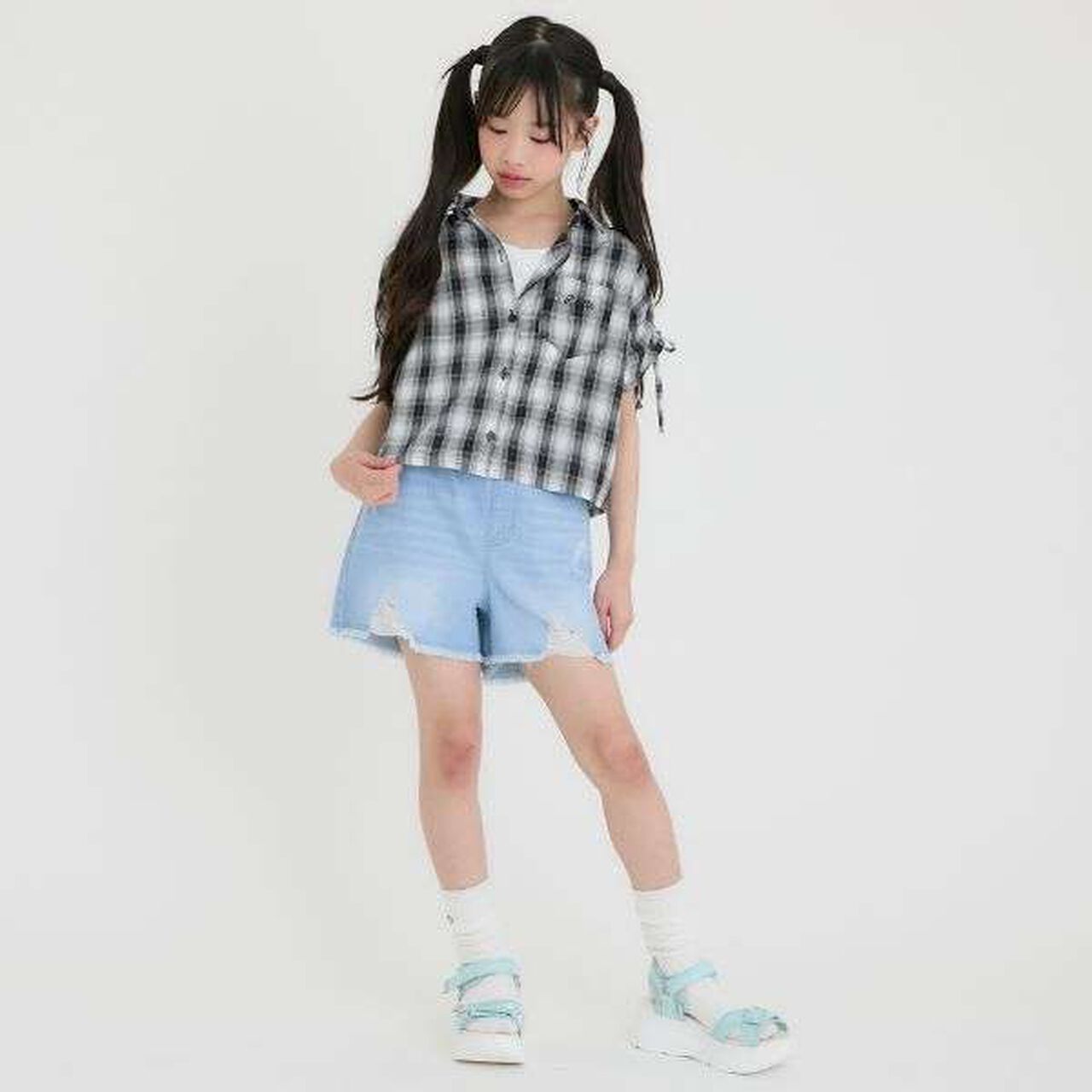 [3WAY] Checkered Shirt with Sleeve Drawstring + Tank Top Set,Black, large image number 16