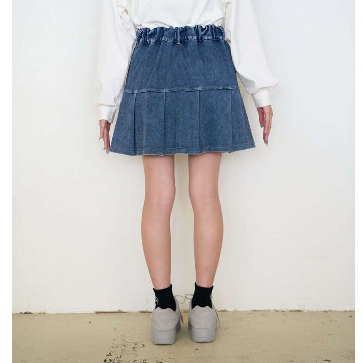 [Stretch] Denim-Look Cut Pleated Skirt,Blue, medium image number 18