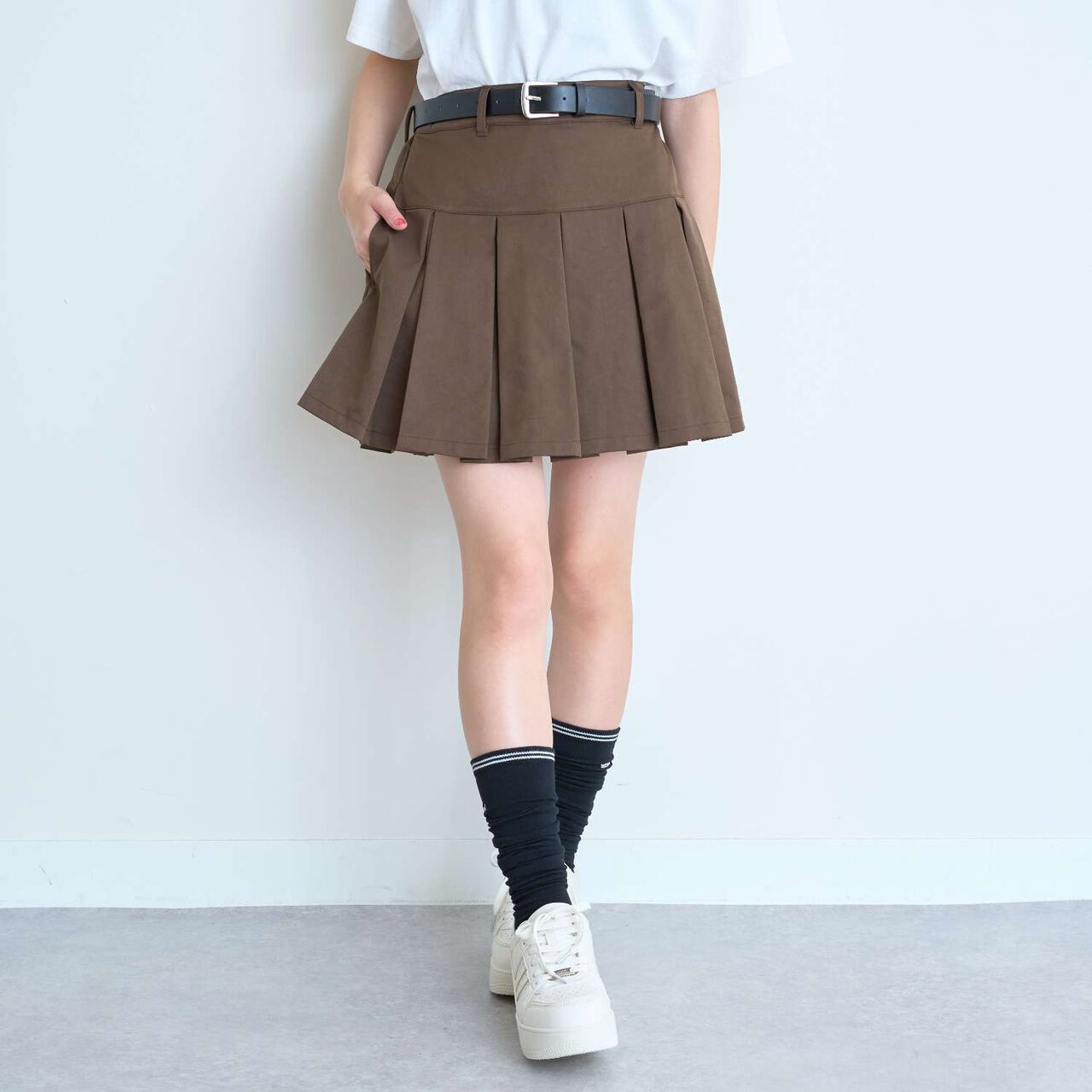 [Easy Care] Pleated Skirt with Belt,Black, large image number 6
