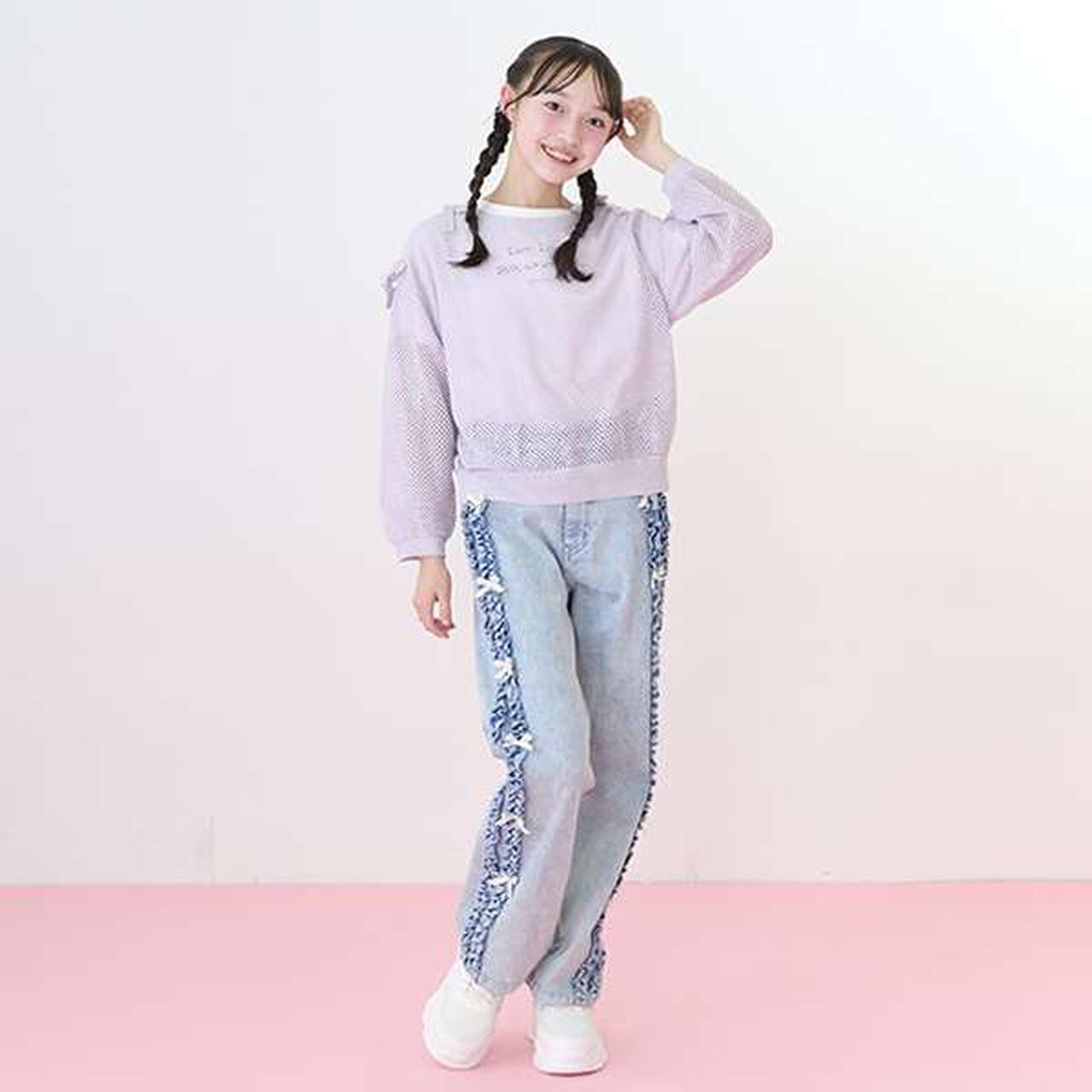 Side Frill Straight Denim Pants,Black, large image number 10