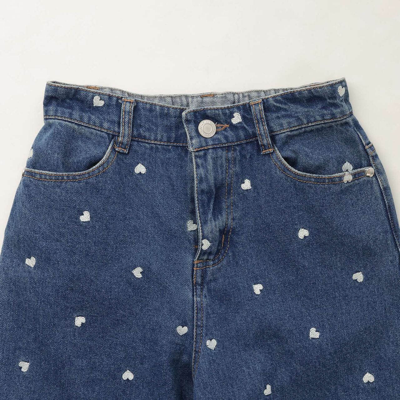 [Soft Denim] Heart Embroidered All-Over Pattern Barrel-Leg Pants for Girls [Kids],Blue, large image number 13