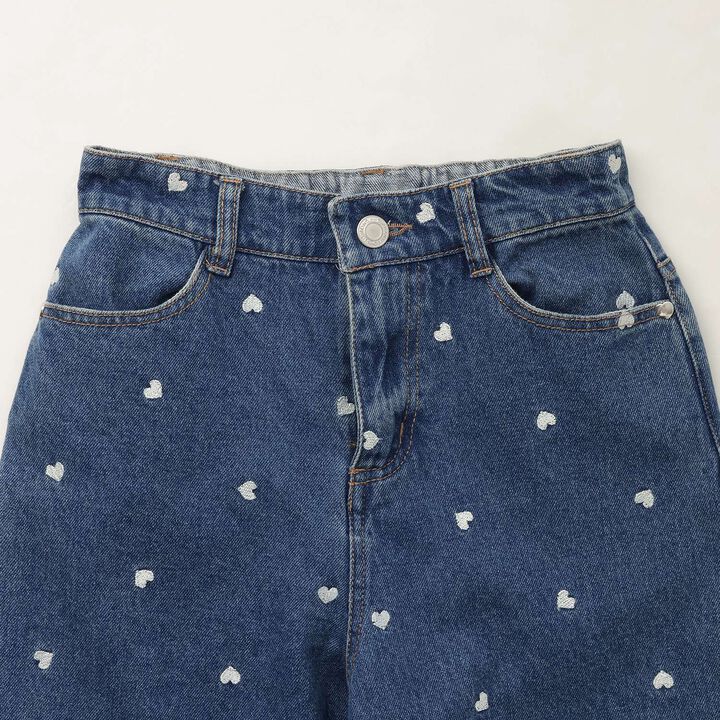 [Soft Denim] Heart Embroidered All-Over Pattern Barrel-Leg Pants for Girls [Kids],Blue, medium image number 13