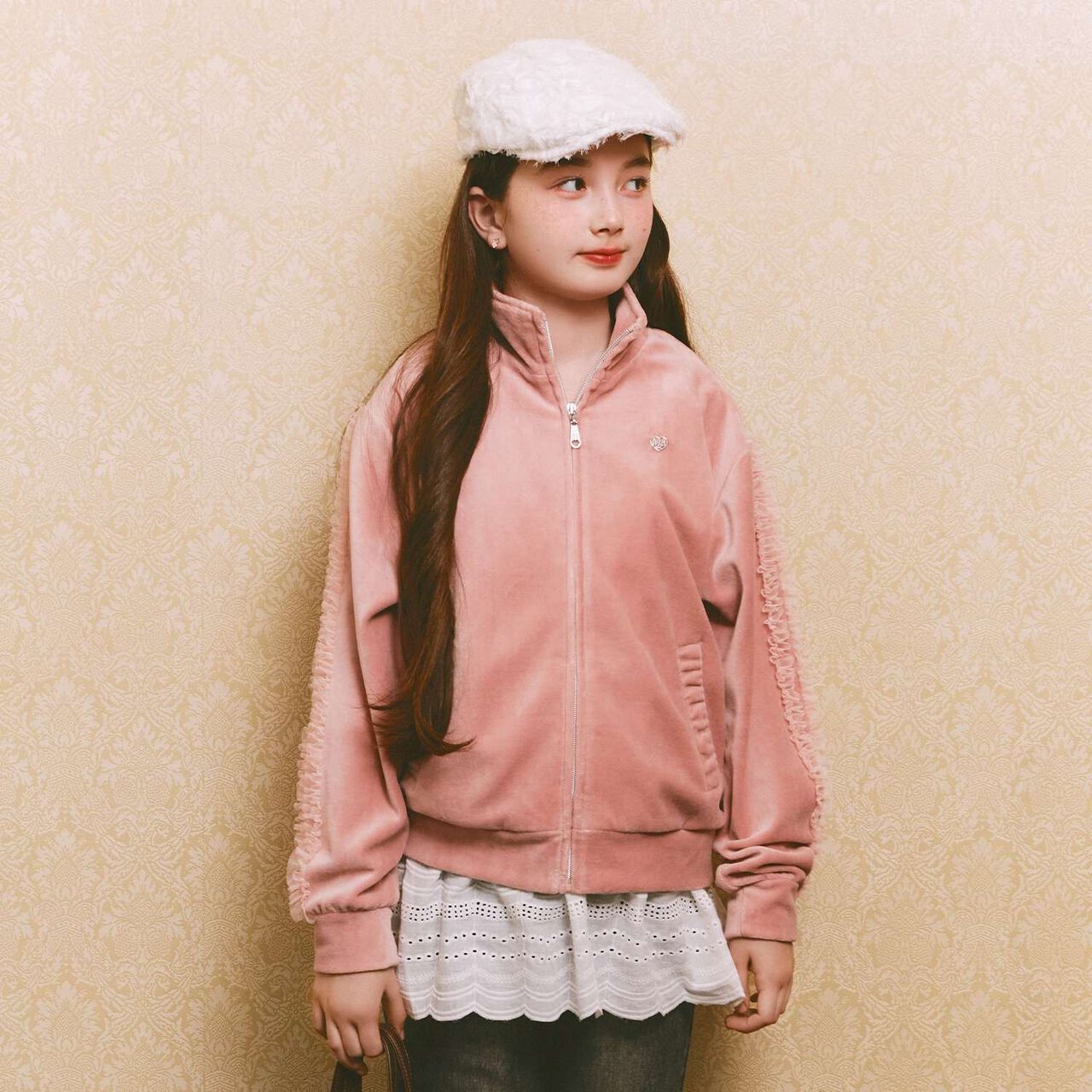 Tulle Frill Velour Jacket,Pink, large image number 0