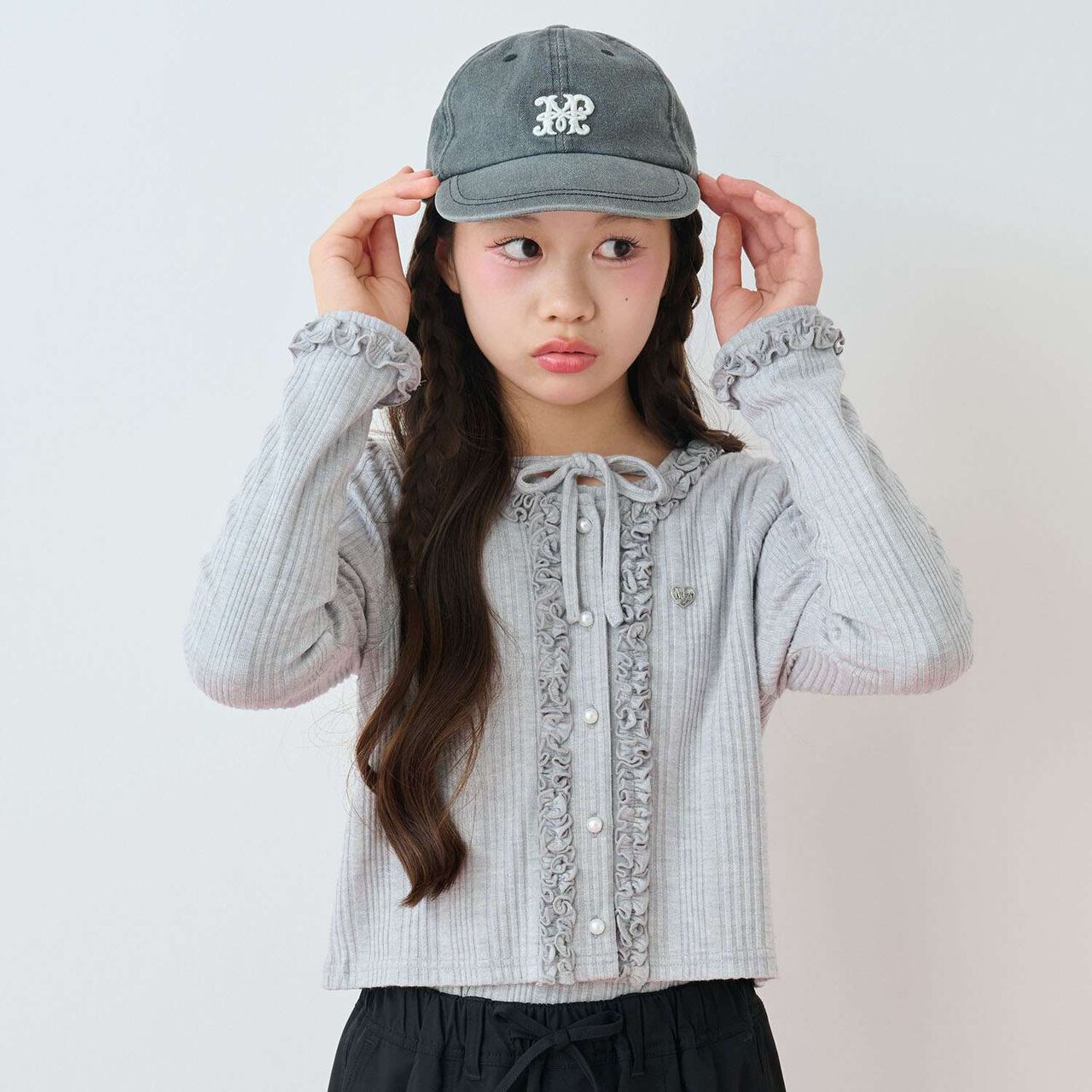 閃光布羅紋布料開襟衫&times;長袖T恤組合,深紅色, large image number 3