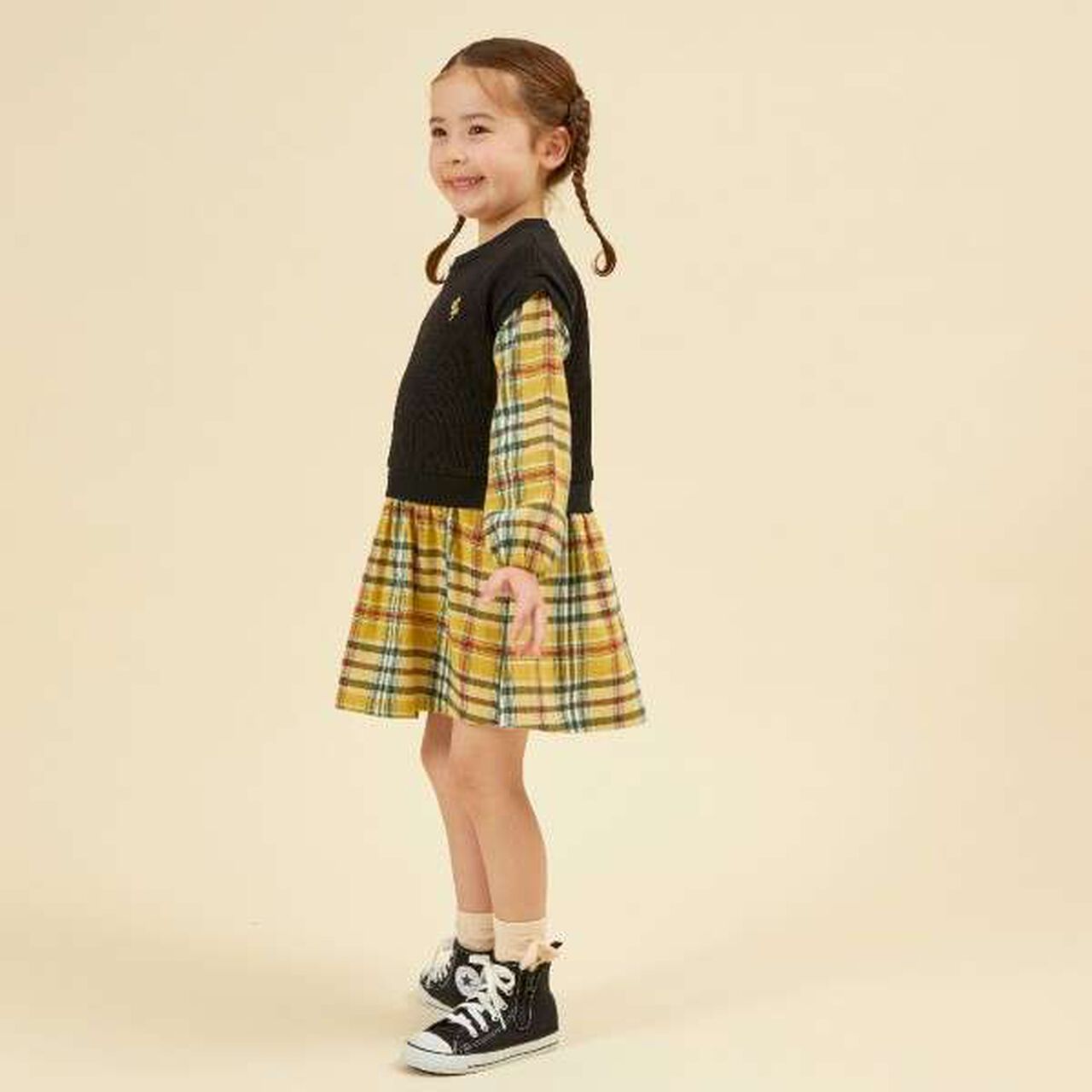 KP Layered Check One-Piece Dress [90-160],Black, large image number 6