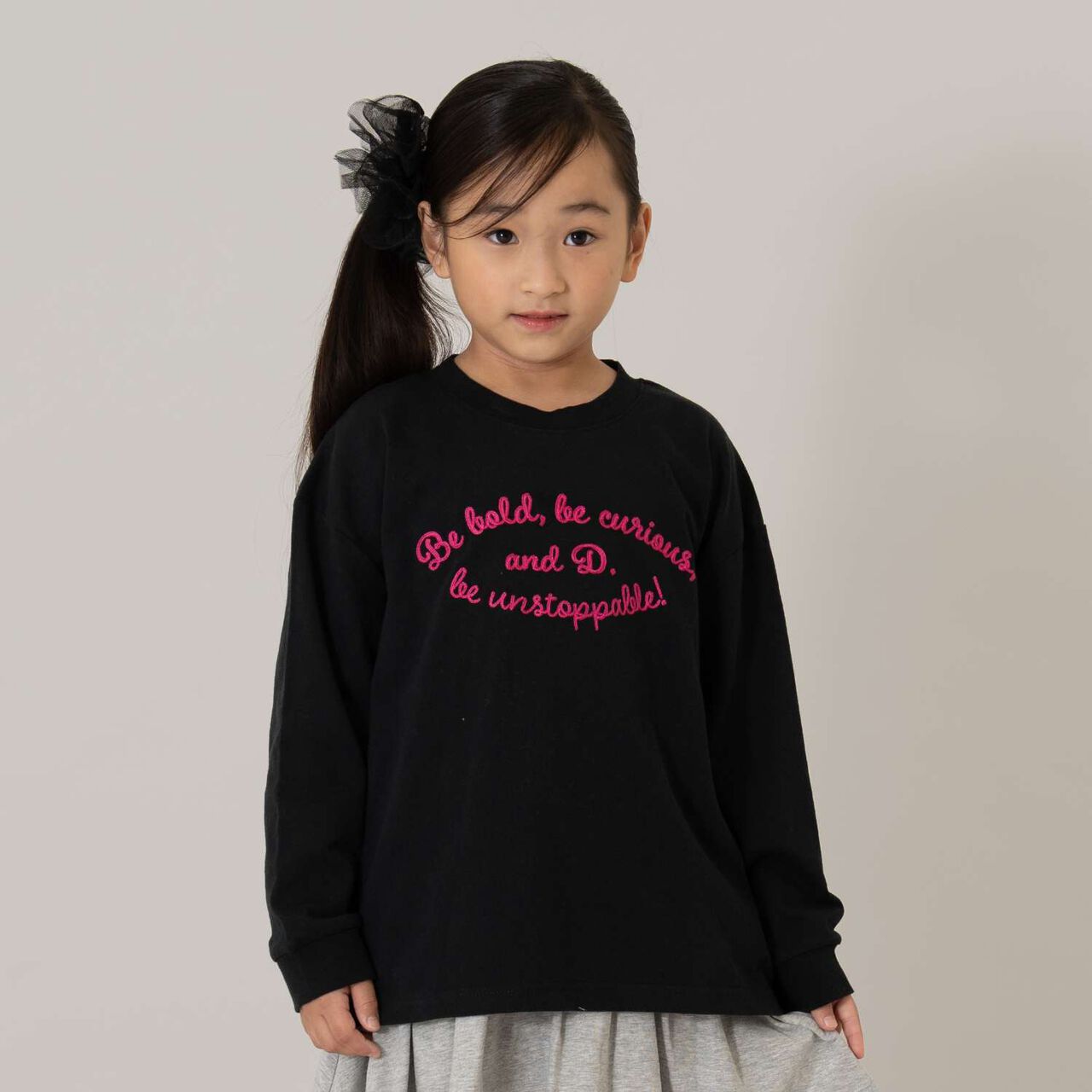 [USA Cotton] Chain Stitch Logo Wide Long Sleeve T-Shirt,Black, large image number 0