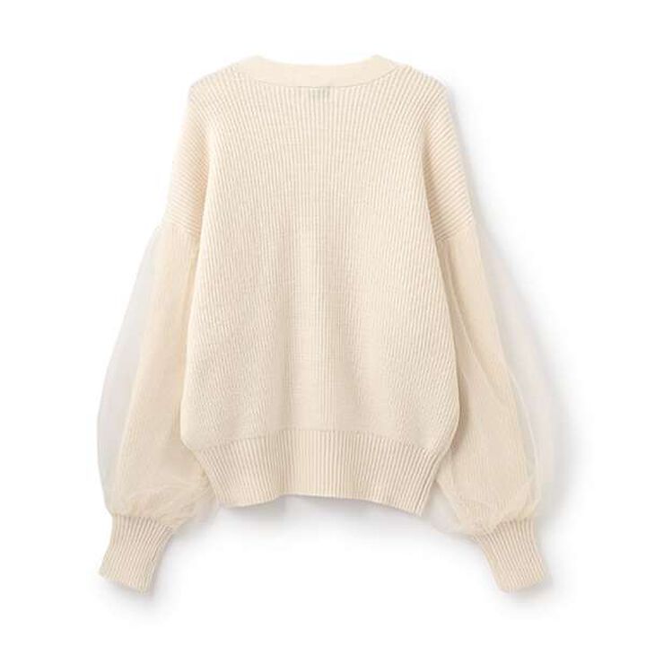 [AMI] Overlay Tulle Sleeve V-Neck Cardigan,Ivory, medium image number 1