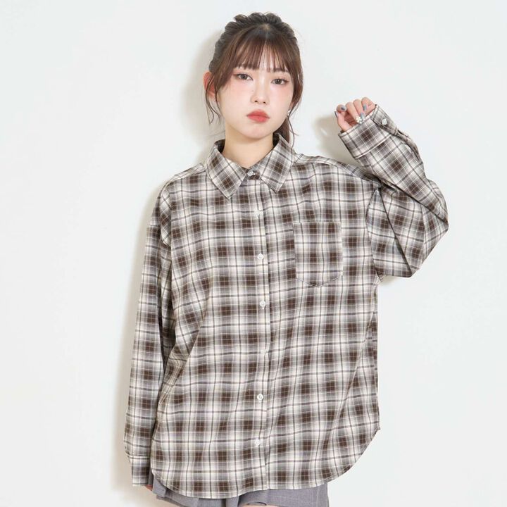 Loose Checkered Shirt,Brown, medium image number 2
