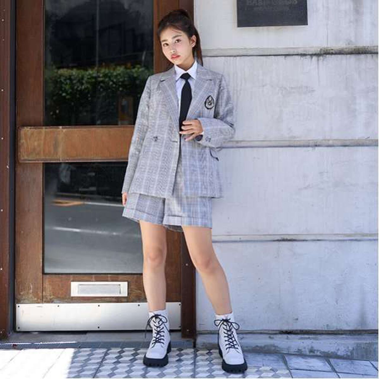 [Graduation Attire] Emblem Jacket and Shorts Outfit Set,Gray, large image number 0