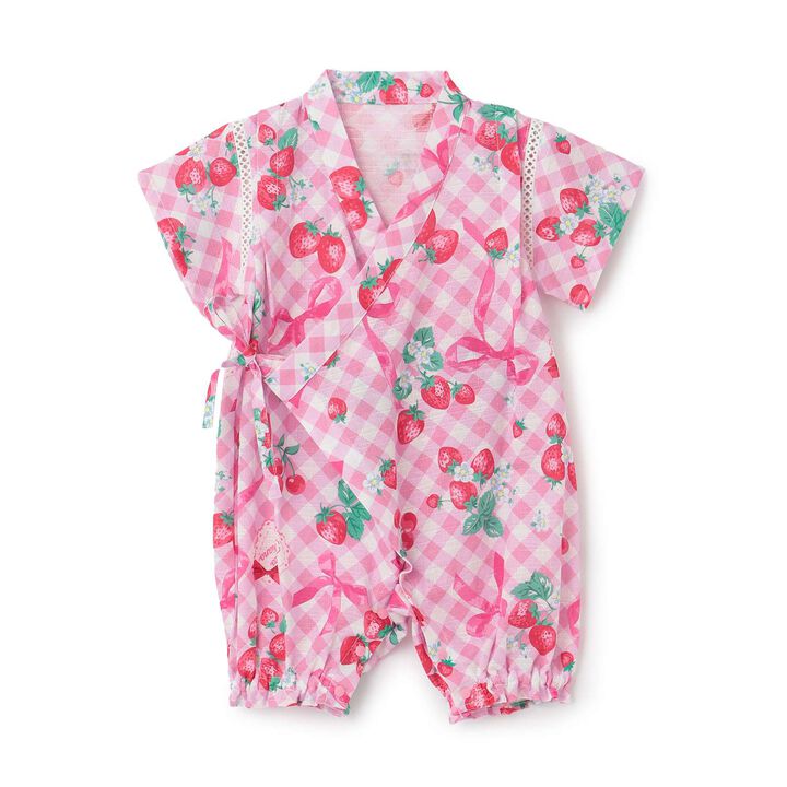 Gingham Strawberry Pattern Jinbei Romper,, medium