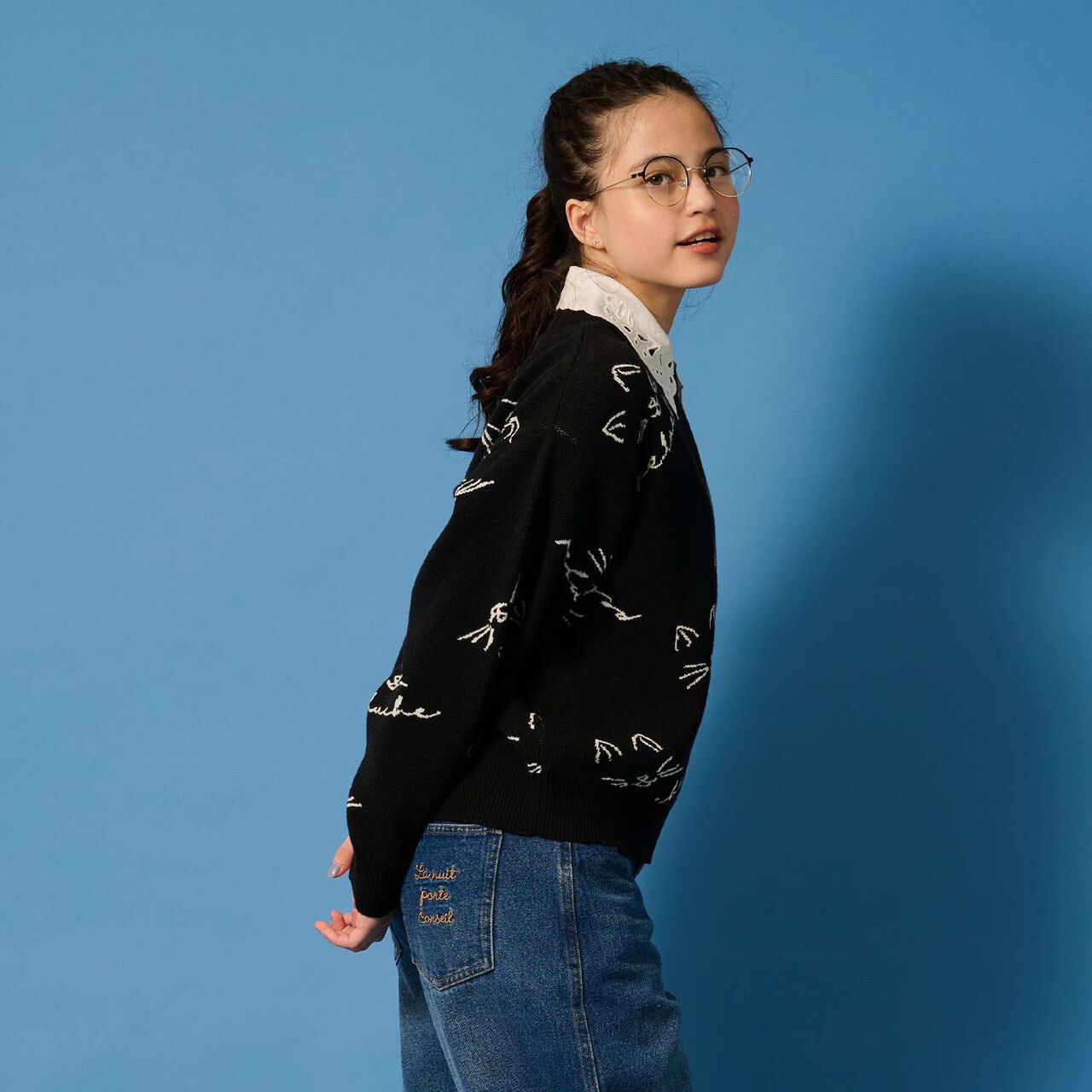 [AMI] Cat All-Over Pattern Jacquard Collared Knitwear,Black, large image number 9