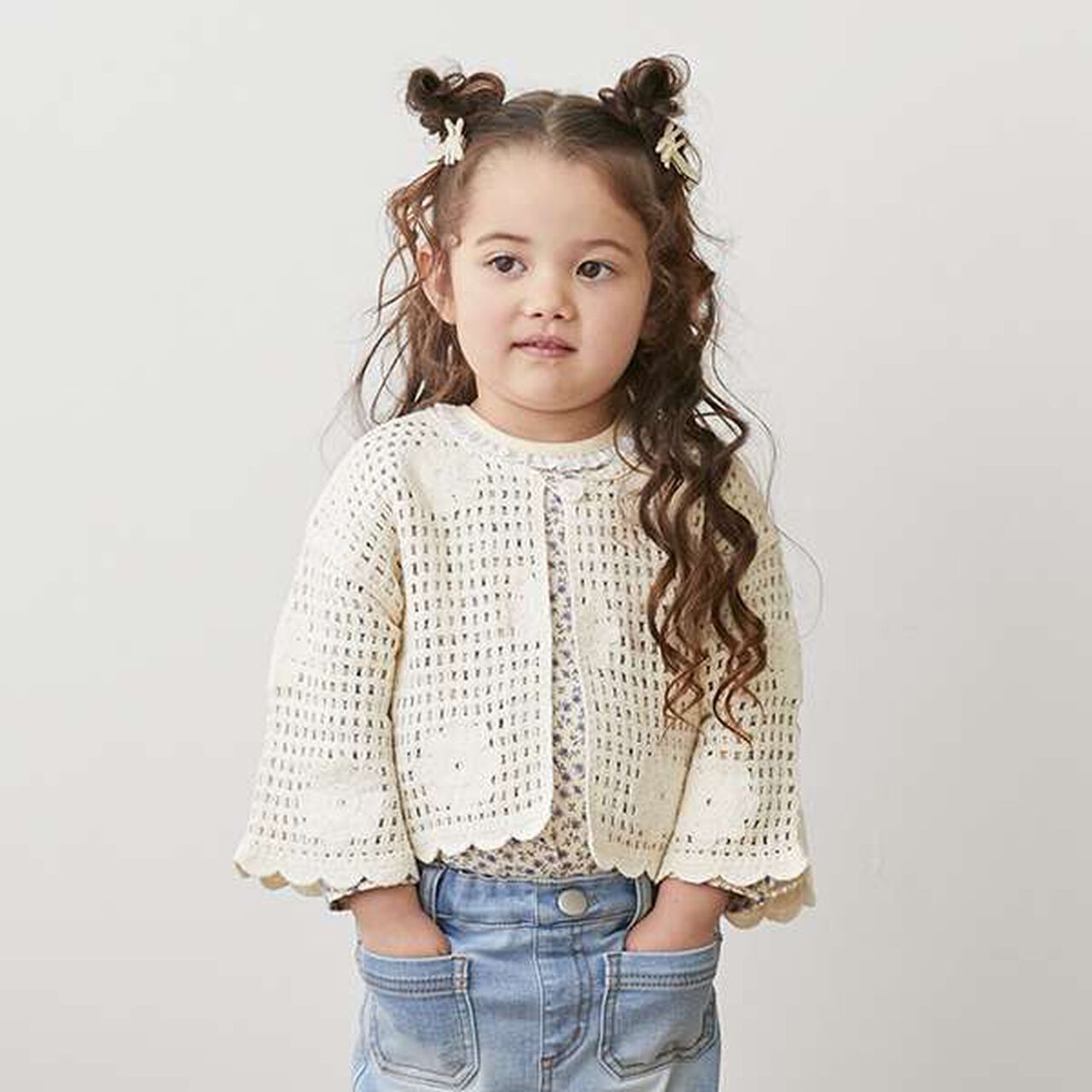 [Link] Flower Motif Black Crochet Cardigan,Ivory, large image number 0