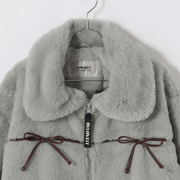 Ribbon Fur Bomber Jacket,Beige, medium image number 7