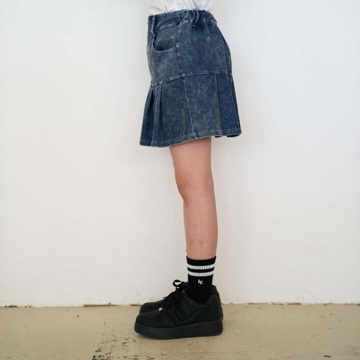 [Stretch] Denim-Look Cut Pleated Skirt,Blue, medium image number 11