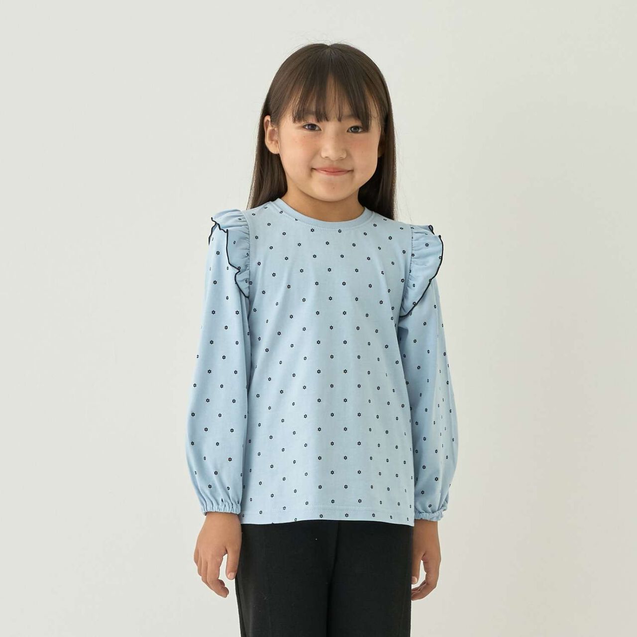 [100% Cotton] [Muteki T] [Stain Resistant/UV/Quick-Dry] Frilled Volume Sleeve All-Over Pattern T-Shirt for Girls [Kids],Blue gray, large image number 8