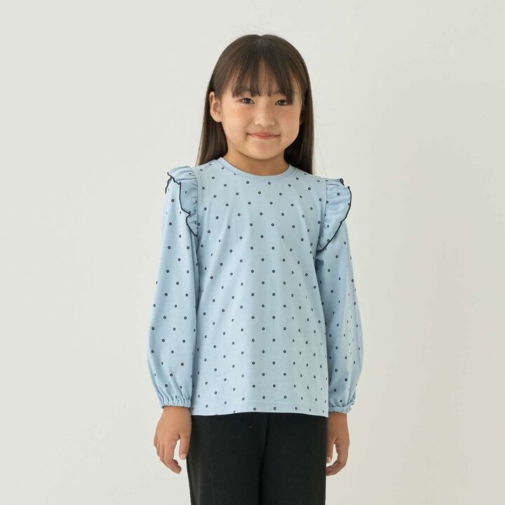 [100% Cotton] [Muteki T] [Stain Resistant/UV/Quick-Dry] Frilled Volume Sleeve All-Over Pattern T-Shirt for Girls [Kids],Blue gray, medium image number 8
