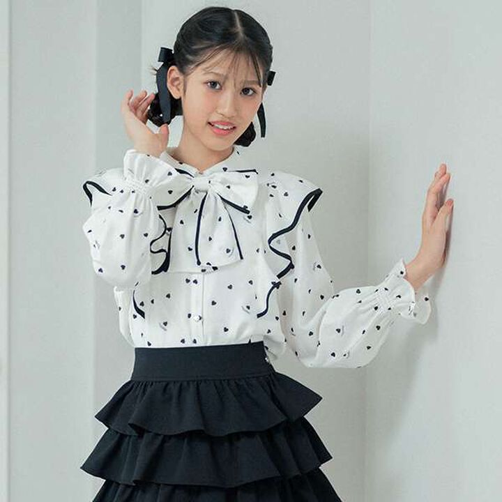 Frill Blouse with Bow Tie and Heart Pattern,Off white, medium image number 7