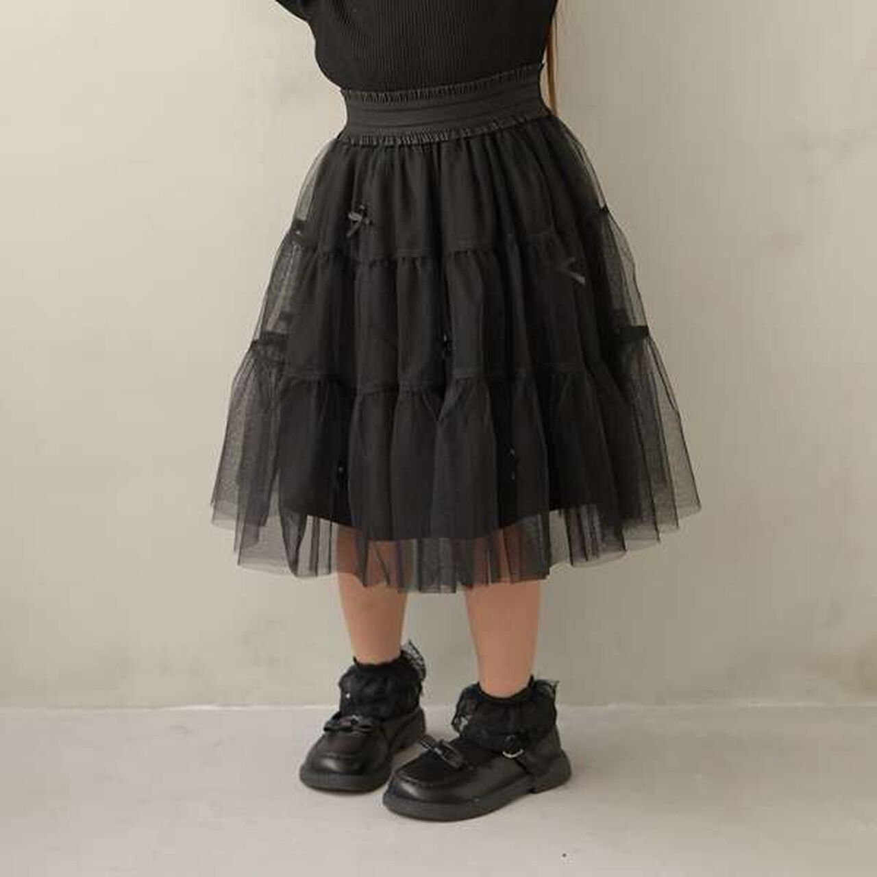 Tiered Tulle Skirt with Ribbon,Black, large image number 0