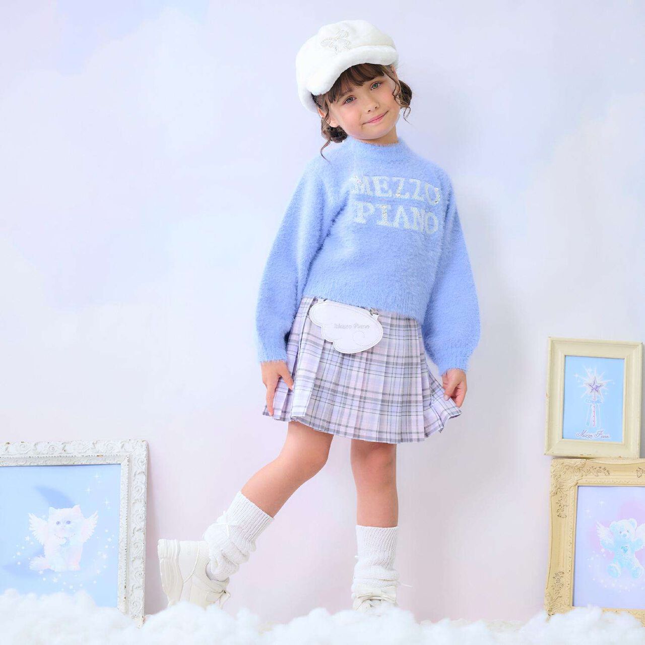 Angel Pouch Checkered Denim Pleated Skirt-Pants,Lavender, large image number 15