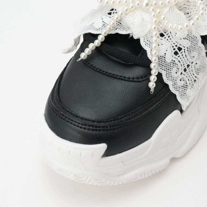 Pearl Lace Ribbon Dad Sneakers,Black, medium image number 26
