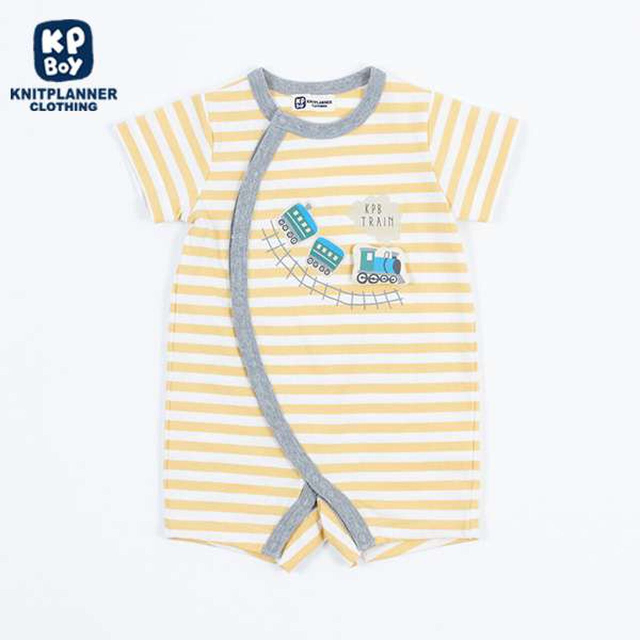 Stripe Pattern Train Motif Short All-in-One (Free 70-80 cm),Yellow, large image number 0