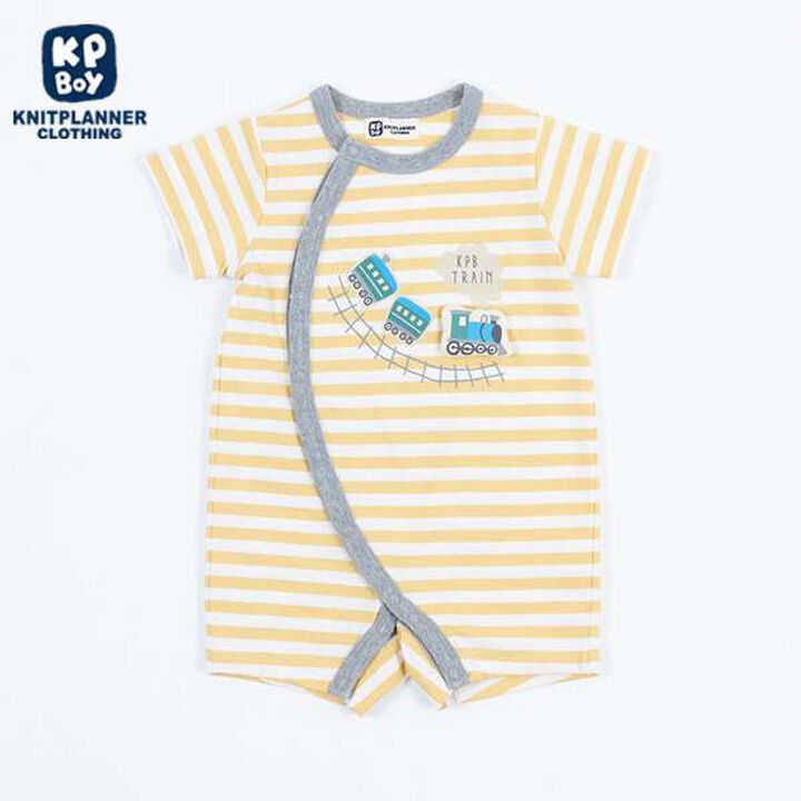Stripe Pattern Train Motif Short All-in-One (Free 70-80 cm),Yellow, medium image number 0