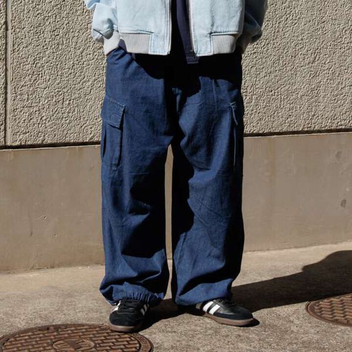 Light Denim Wide Cargo Pants,Deep blue, medium image number 0