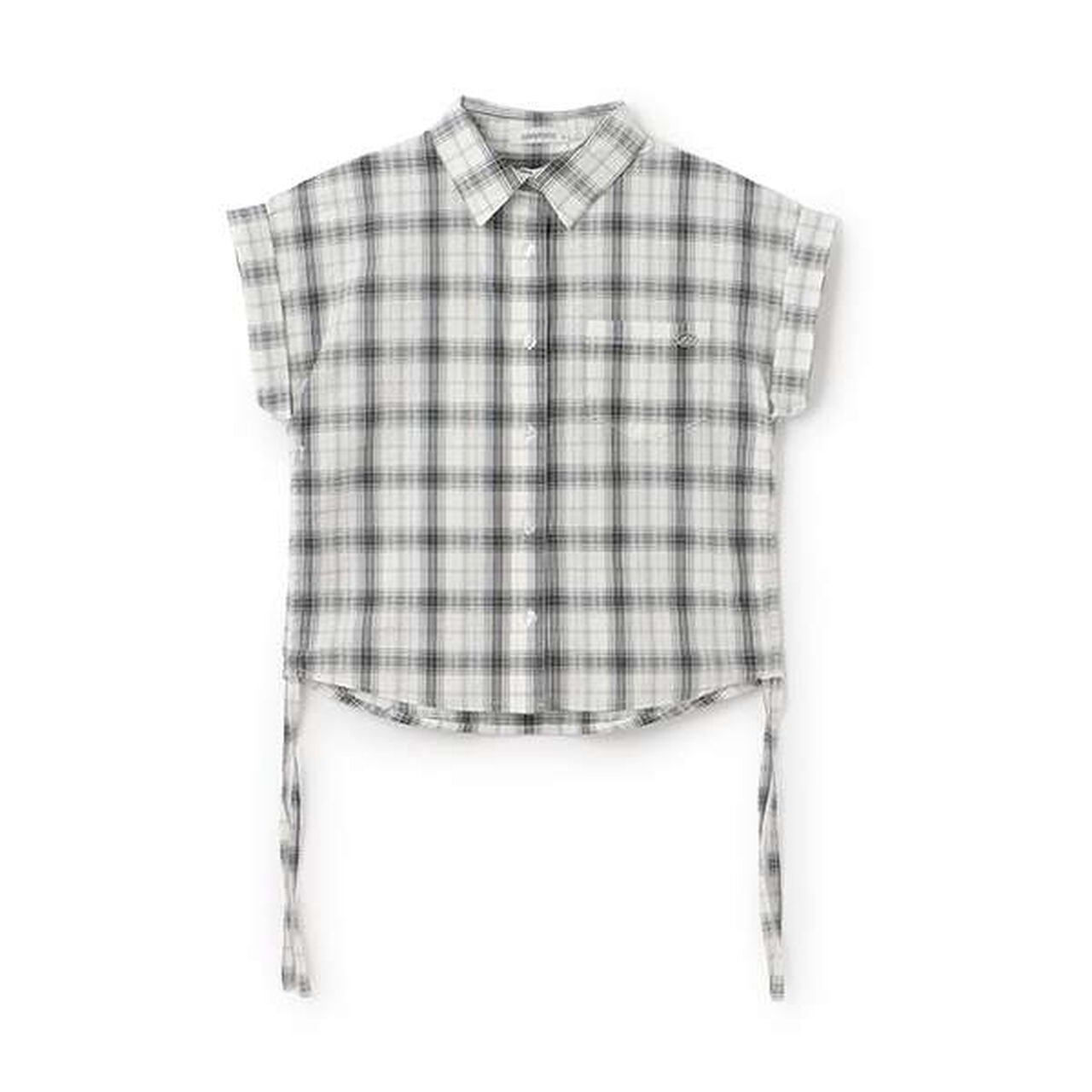 [100% Cotton] Checkered Sleeveless Drawstring Shirt,Black, large image number 2