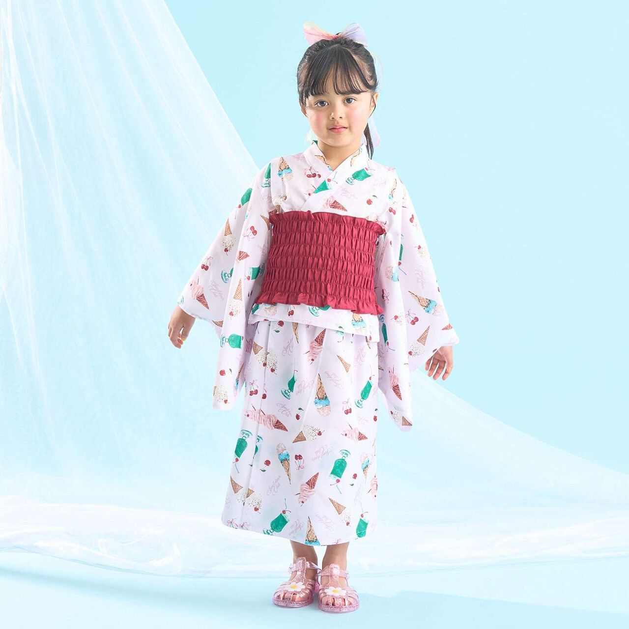[Easy Wear♪] Cool Touch 4-Way Separate Yukata with Obi Belt (Kawaii) [Kids Girls],Dark red, large image number 23