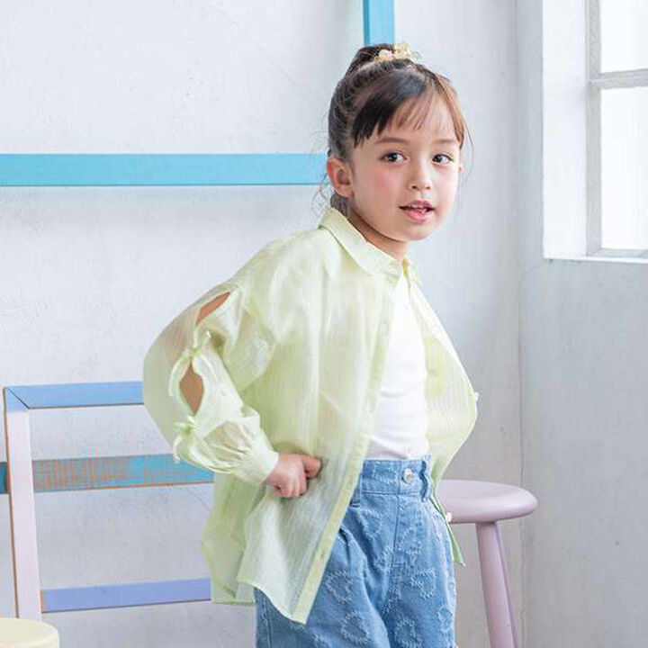 Sleeve Ribbon Shirt & Shoulder Opening Short Sleeve T-Shirt Set,Light green, medium image number 1