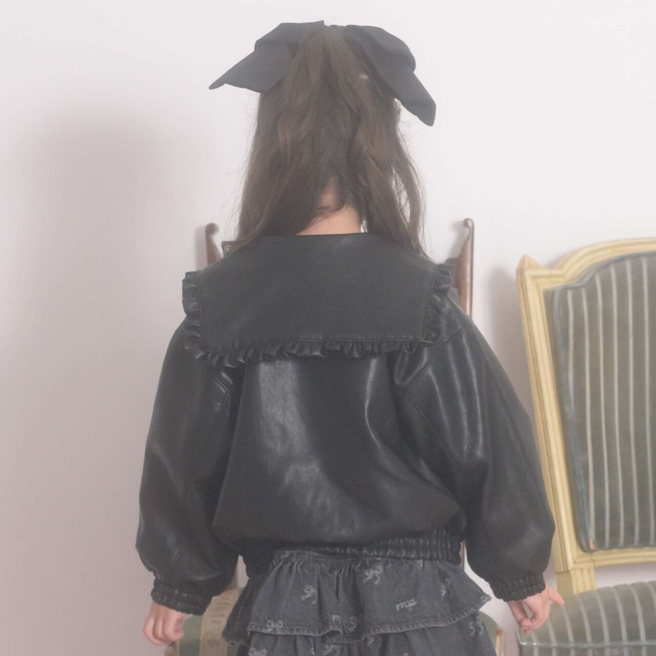 Denim & Faux Leather Sailor Collar Bomber Jacket,Sax blue, large image number 2