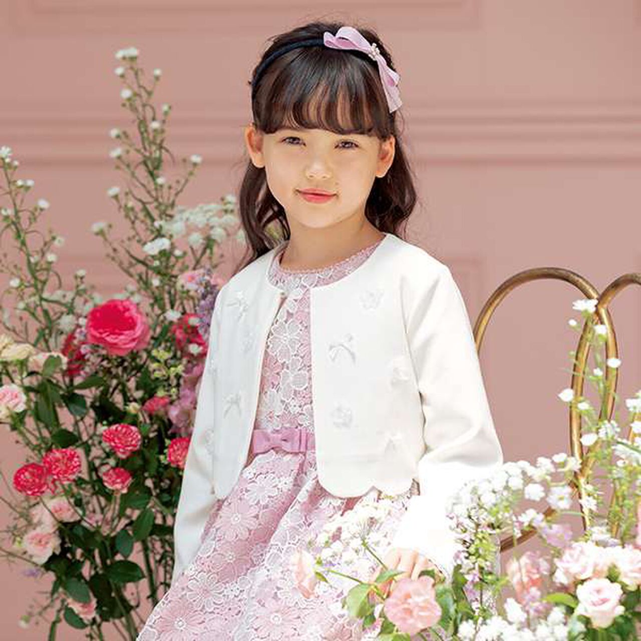 Flower Motif Scallop Trim Jacket,White, large image number 0