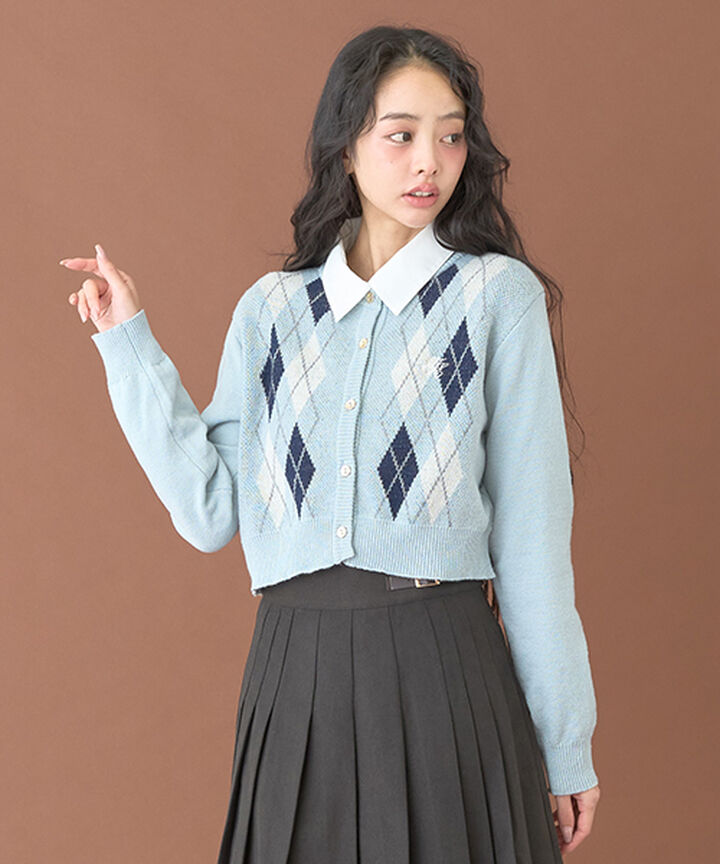 Argyle Knit Cardigan [Korean Fashion],Gray, medium image number 1