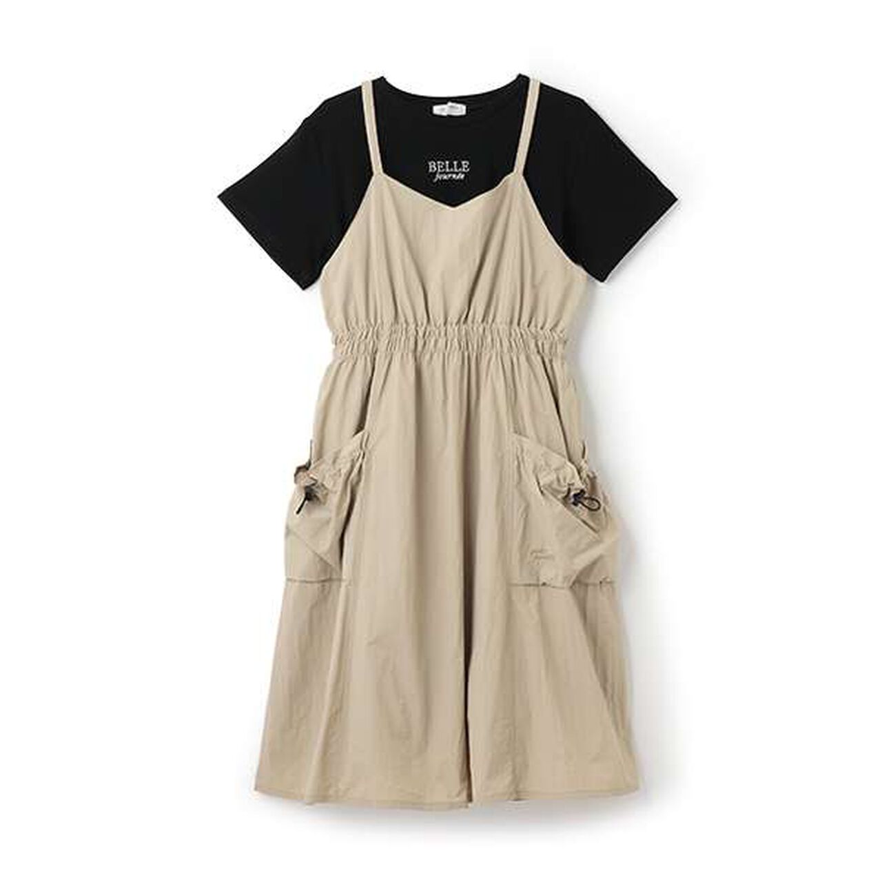Gathered Camisole One-Piece Dress + T-Shirt Set,Beige, large image number 17