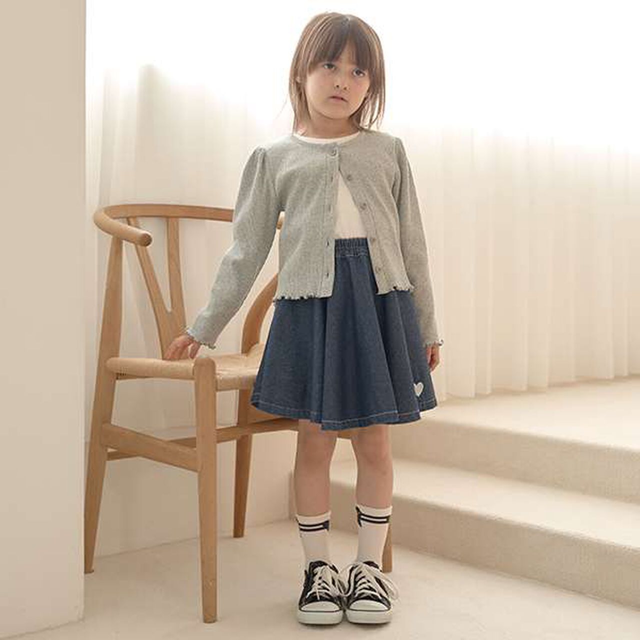 Soft Denim Heart Embroidery Flare Skirt,Blue, large image number 9