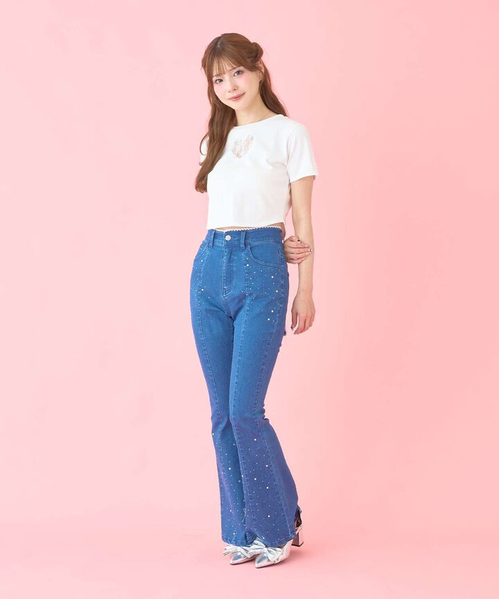 Back Ribbon Stone Flare Denim Pants,Light blue, medium image number 2