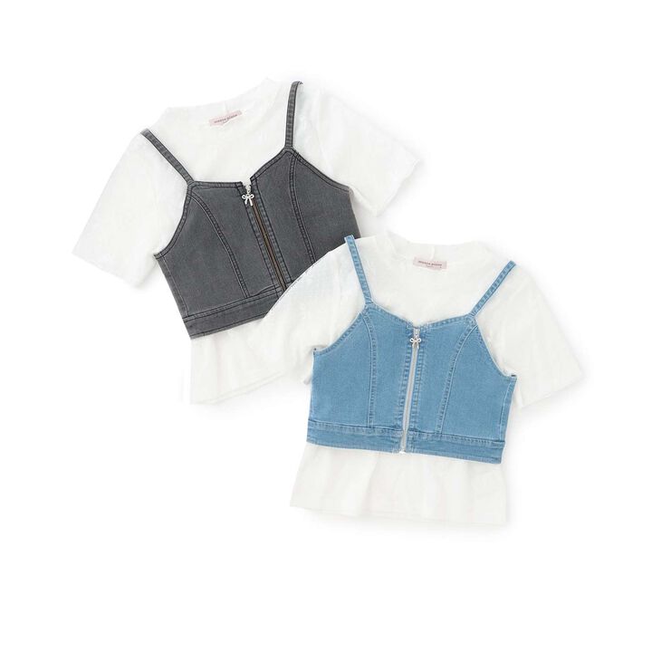 [Restocked] Denim Bustier & Lace Short Sleeve T-Shirt Set,Light blue, medium image number 11