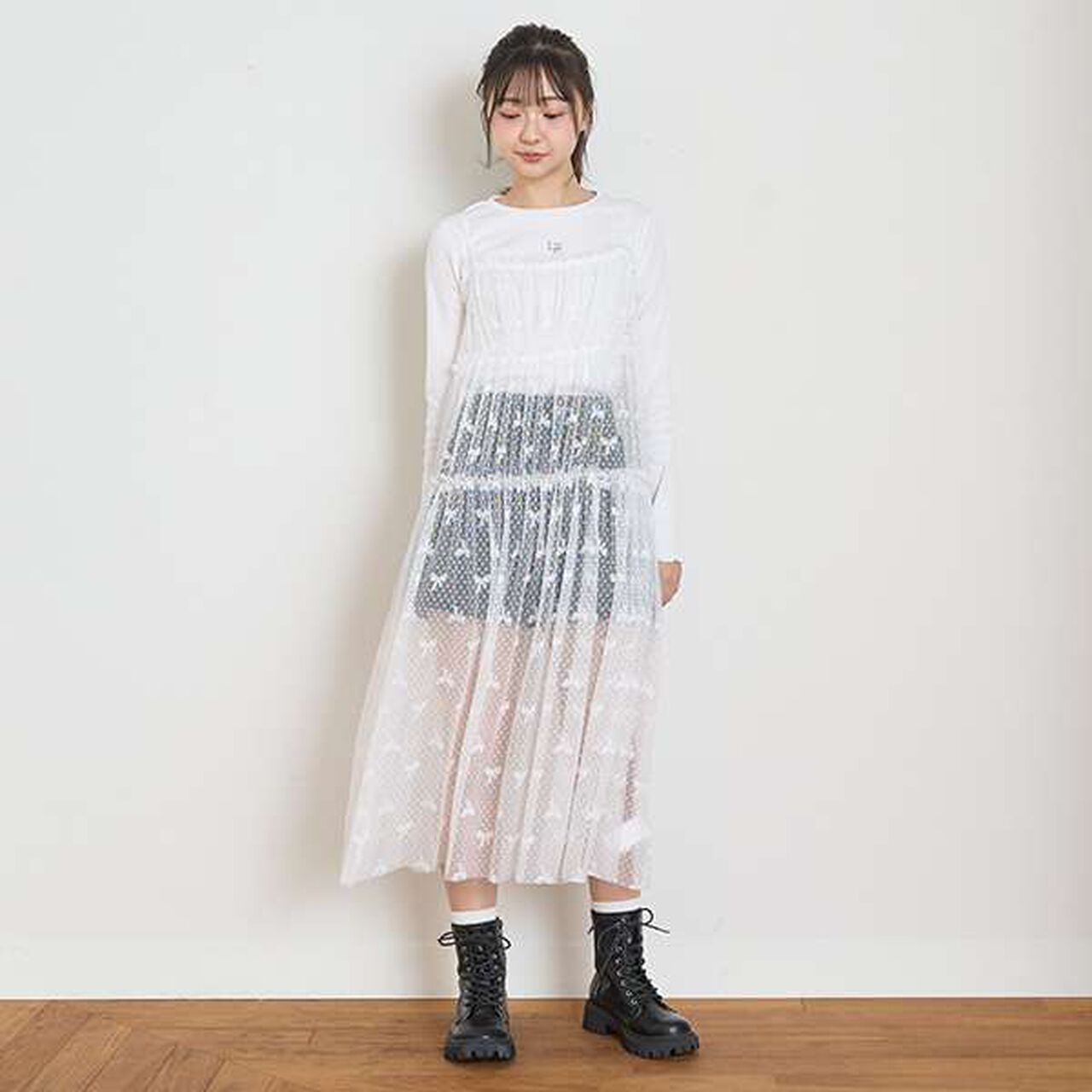 Tulle One-Piece Dress with Inner Wear,Off white, large image number 0