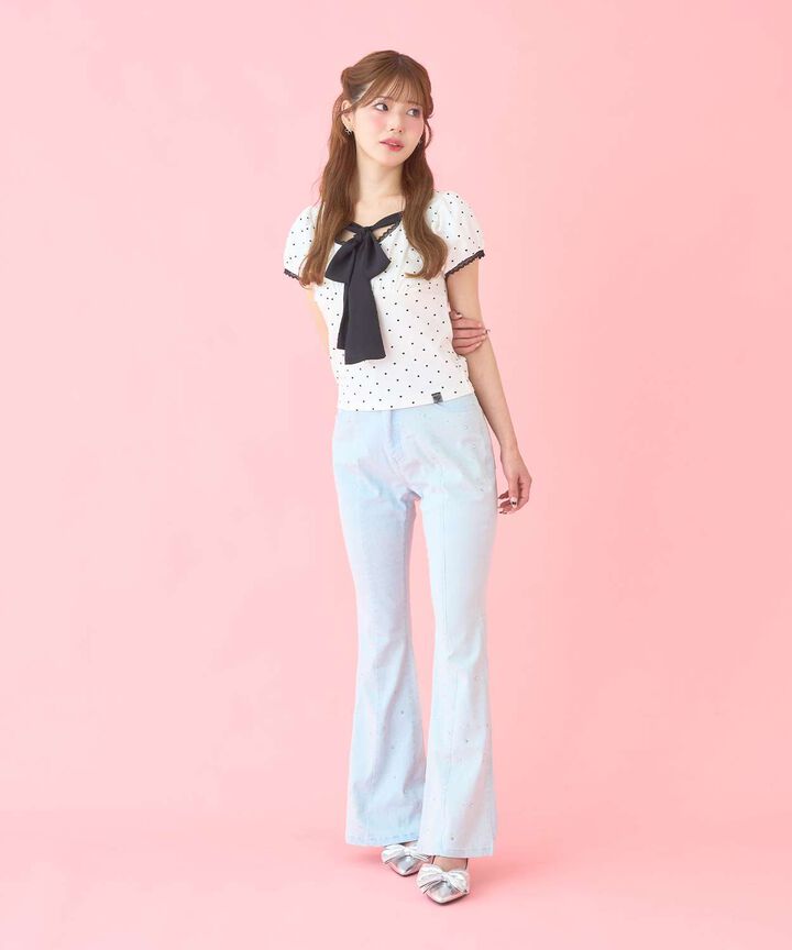 Front Ribbon Polka Dot Short Sleeve T-Shirt,Pink, medium image number 4