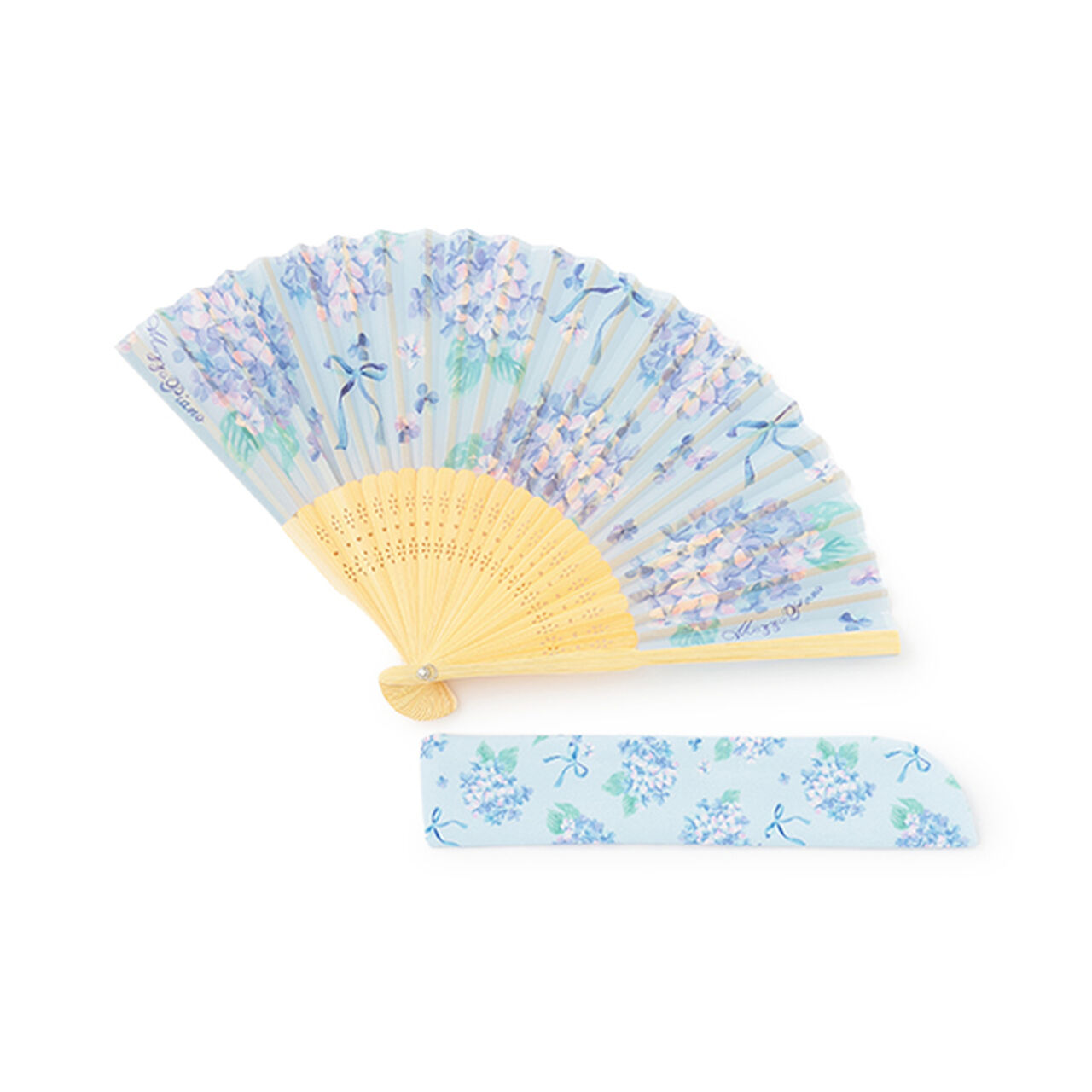Hydrangea & Strawberry Handkerchief Pattern Folding Fan with Pouch,Light blue, large image number 0