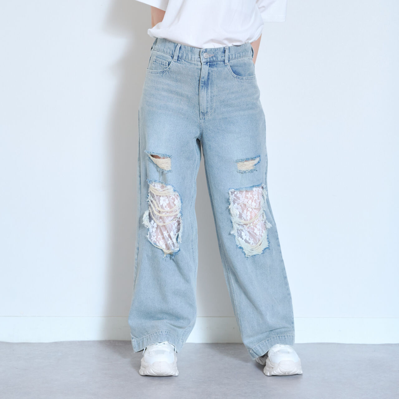[LTXC] Lace Distressed Denim Wide Pants,Blue, large image number 0
