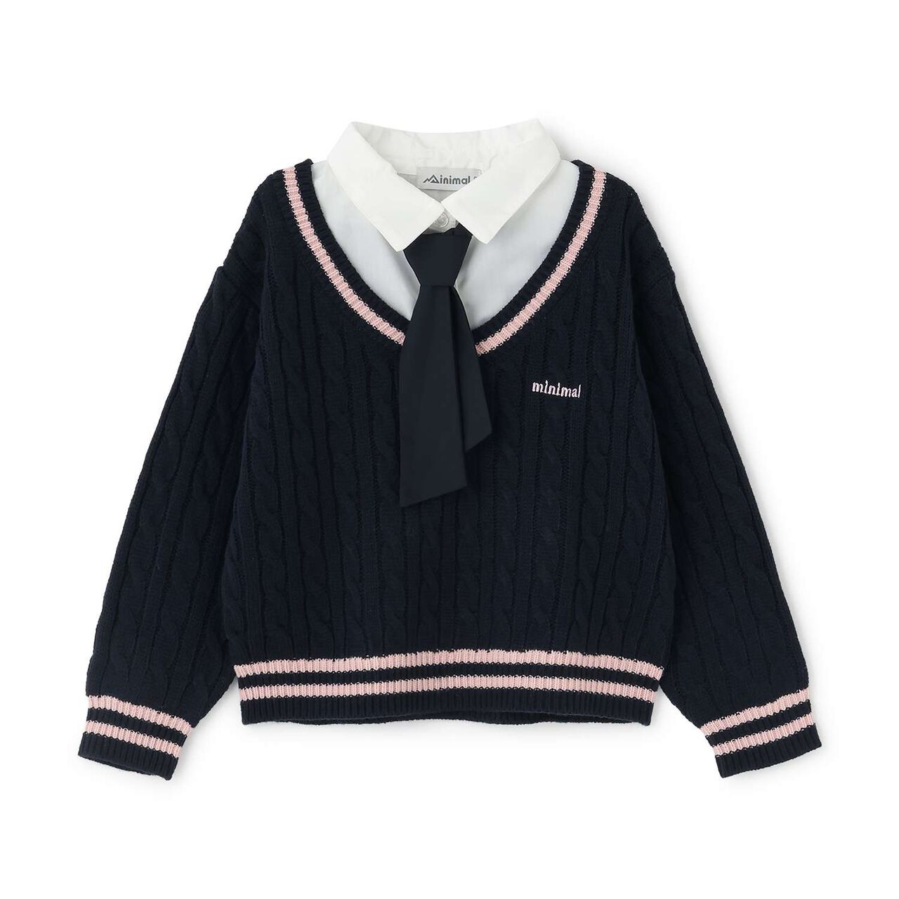 [Machine Washable] Layered Knit with Tie,Navy, large image number 0
