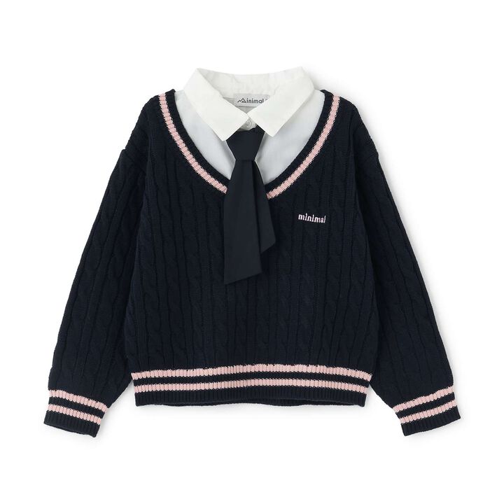 [Machine Washable] Layered Knit with Tie,Navy, medium image number 0